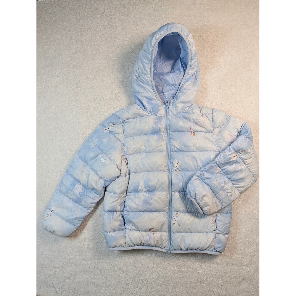Disney Frozen Elsa Olaf Puffer Jacket Light Blue Hooded Kids Size 130/64 7-8